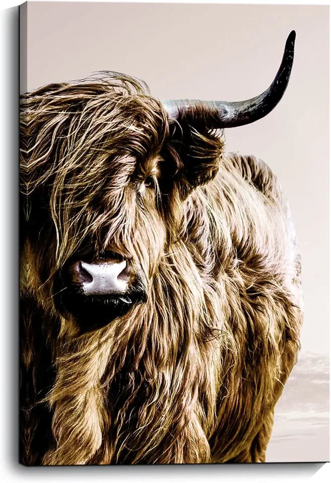 ZNZ Highland Cow Wall Art Country Farmhouse Wall Decor Strong Confident Yak Canvas Prints with Long Horns Animal Wall Art Fluffy Cattle Pictures Used in Bedroom Bathroom Office Fireplace Kitchen