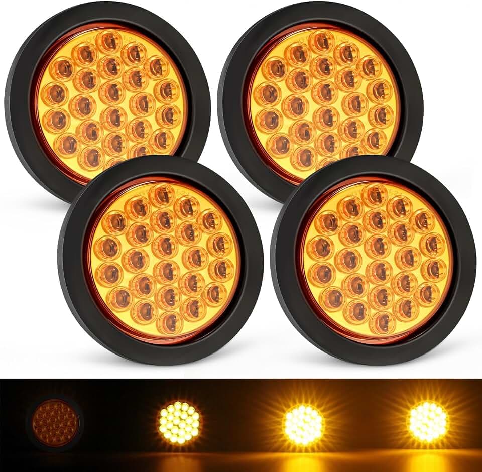 Partsam 4x 4 Inch Round Amber Strobe Lights 24 LED Trailer Truck Stop Turn Tail Light With Strobe and Solid Flash Mode Rubber Grommet 3-Prong Wire Pigtails, Amber Lens