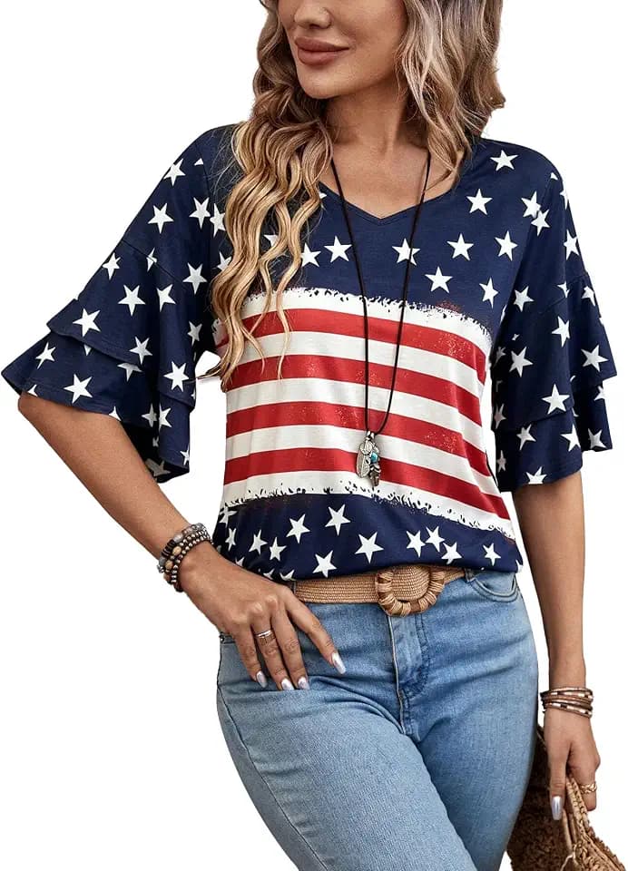 Womens Fashion Tops Work USA American Flag Blouses Dressy Casual Fourth of July 3/4 Sleeve Elbow Length Tops V Neck Ruffle Shirts Cruise Business 2026 Summer Spring Fall Outfits,Flag,M