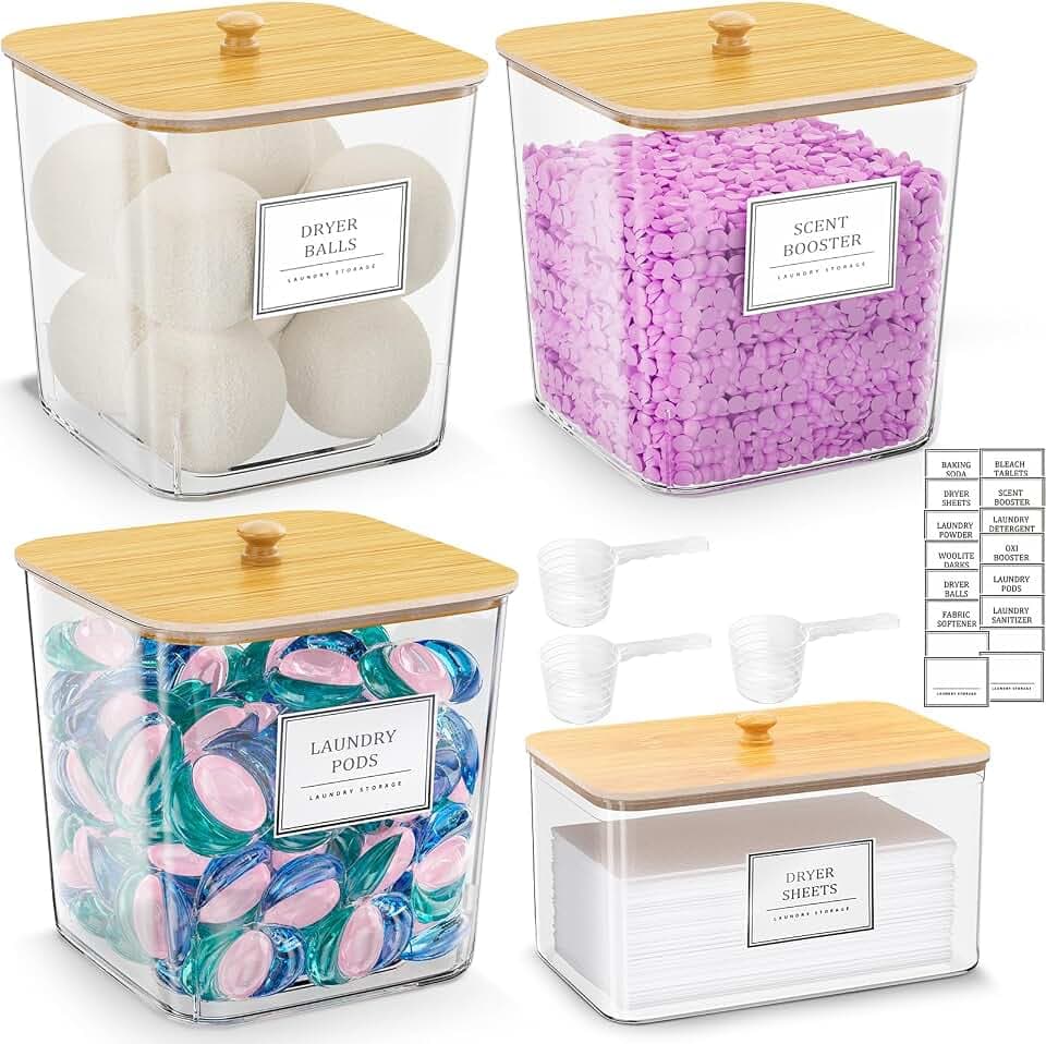 FUSHITON Aufbewahrungsbox für Waschpods, 3+1 Set klare Behälter mit Bambusdeckel für Waschmittel, Duftperlen & Trocknertücher, inkl. 16 Etiketten und Messlöffel