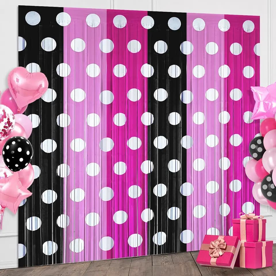 Pink Cartoon Mouse Foil Fringe Curtains 4 Pack 3.2x6.6ft Party Backdrop