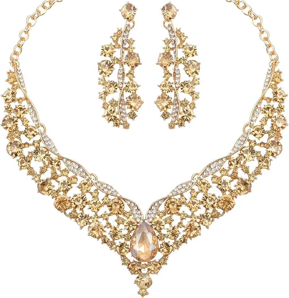 Elegant Austrian Crystal V-Shaped Statement Necklace Earrings Set Bridal Wedding Prom Costume Jewelry For Bride Bridesmaid