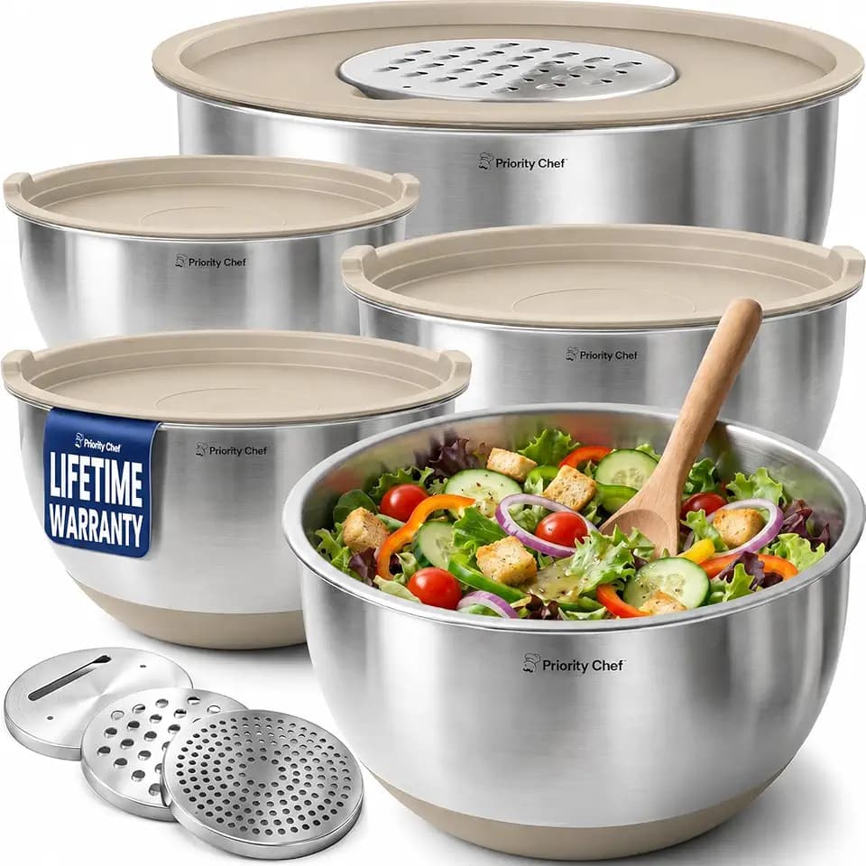 Priority Chef Stainless Steel Mixing Bowls with Lids Set, 3 Grater Attachments, Airtight Lids, Non-Slip Silicone Base Mixing Bowl Set, Large Prep Metal Mixing Bowls for Kitchen, Khaki