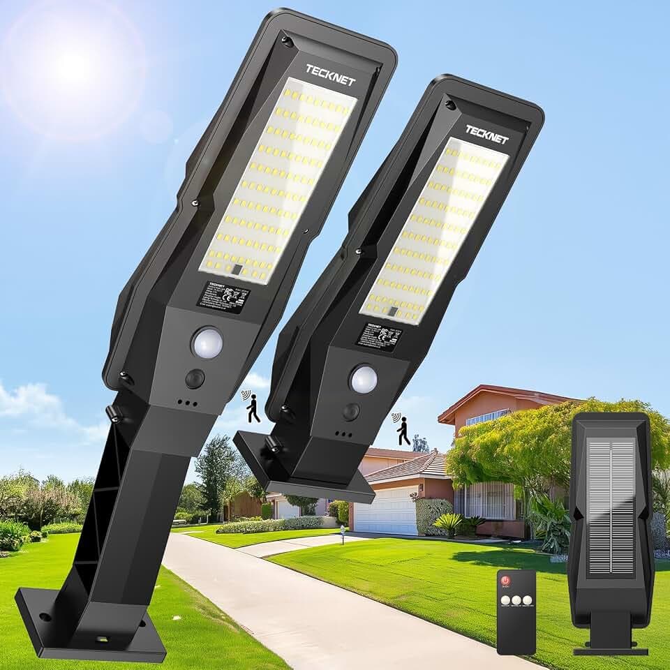 TECKNET Solar Street Lights Outdoor, Motion Sensor Outdoor Lights, 2 Pack