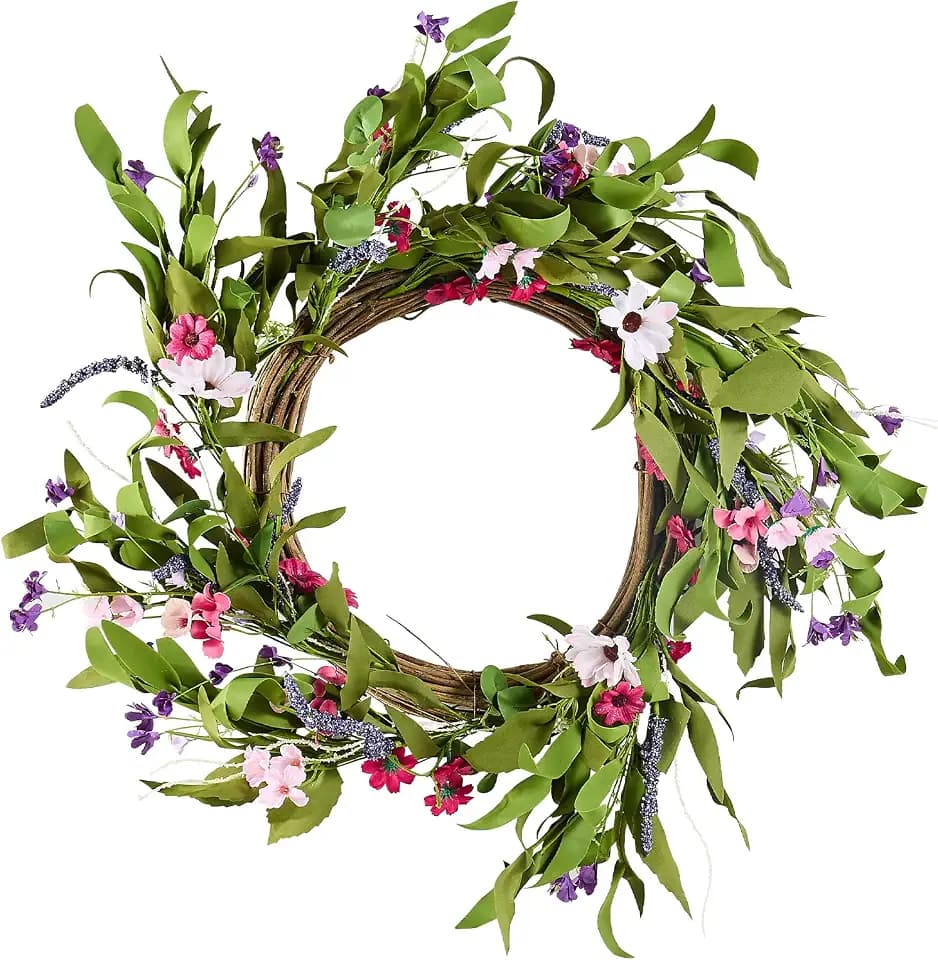 VEVOR Künstlicher Dekokranz, 55,88 cm, Rosa/Grün, verziert mit Gänseblümchen, Schleierkraut, Knospen, Türkranz für alle Jahreszeiten, als Dekoration für Zuhause, Wände, Fenster, Festivals & Hochzeiten