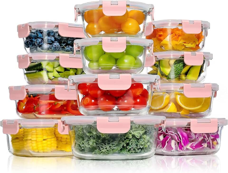 YASHE Glasbehälter mit Deckel, 12 Teile Stapelbar & Luftdicht Meal Prep Boxen Glas für Spülmaschine, Mikrowelle & Gefrierschrank, Auslaufsicher, BPA-Frei, Rosa