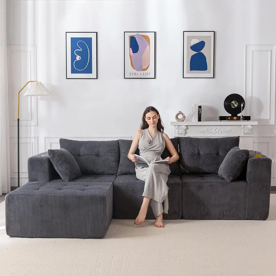 MAXYOYO Ecksofa Corduroy mit Becherhalter, Modulares Sofa umbaubar in L-Form und Doppel Schlafsofa, Boneless Couch 3 Sitzer für Wohnzimmer, Keine Montage Erforderlich