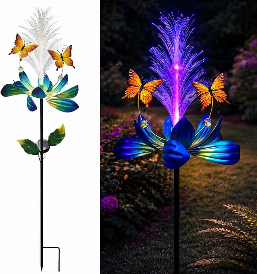Solar Wind Spinner Outdoor, 49" Lotus Flower & Butterfly Metal Wind Spinner with Color-Changing Fiber Optic Solar Lights, Kinetic Garden Windmill Yard Art for Lawn Patio Pathway Decor