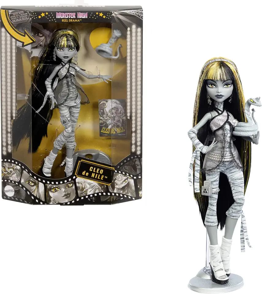 Monster High Reel Drama Cleo De Nile Puppe | Sammler-Reproduktionspuppe in Schwarz-Weiß mit Postern in Puppen- und in Originalgröße, Horrorfilm-Design, JDR65
