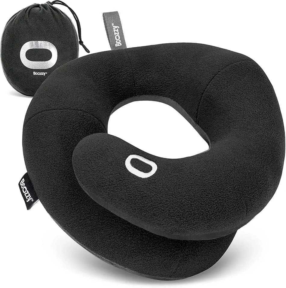 BCOZZY Travel Neck Pillow for Airplane - Patented Head, Neck & Chin Support. Soft, Adjustable Pillow for Comfortable Resting on Long Flights, Car Rides & Recliners. Washable, Carry Bag, Large, Black