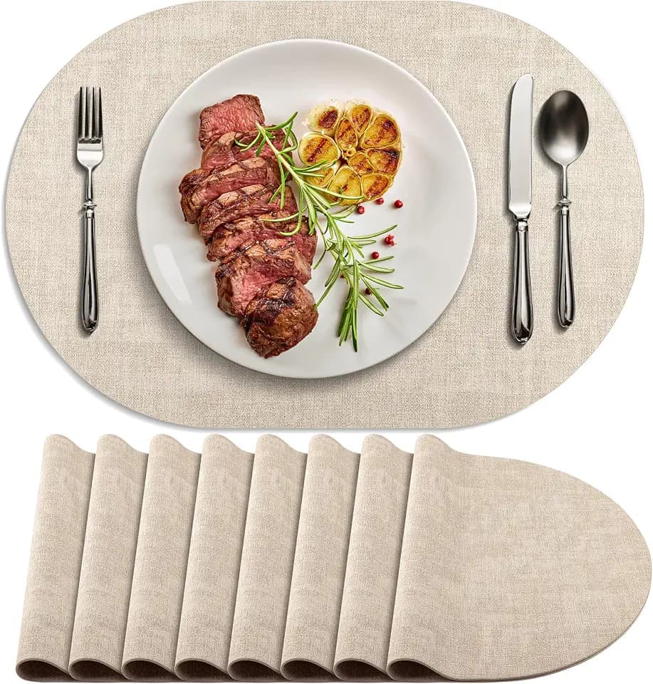 Faux Leather Oval Placemats Set of 8, Beige