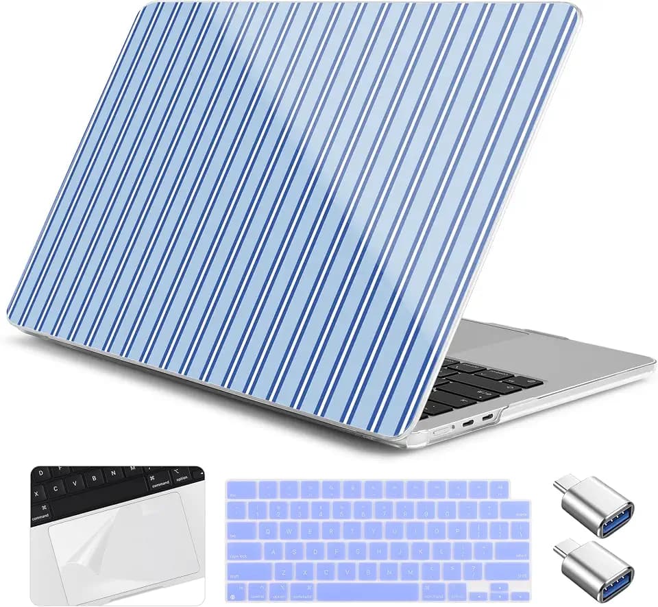 for MacBook Air 15 inch Case 2026 2025-2023 M5 M4 M3 M2 Released A3448 A3241 A3114 A2941, Hard Shell Laptop Case with Keyboard Cover & Trackpad Film & 2 OTG Adapters, Blue Stripes