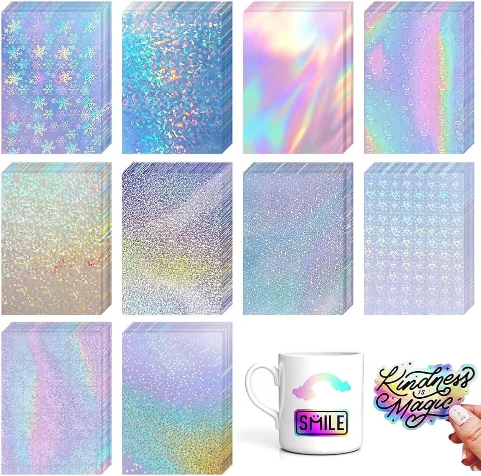 Holographic Sticker Paper, 100 Sheets, 8.3x11.7 Inch, 10 Styles