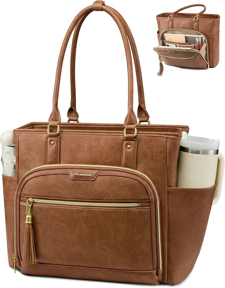 LOVEVOOK Laptop Tote Bag for Women Work, Vintage Leather Teacher Nurse Bag with Large Cup Holder, Bible Handbag Purse GIfs, Waterproof Professional Computer Briefcase for Business Office, 17 Inch