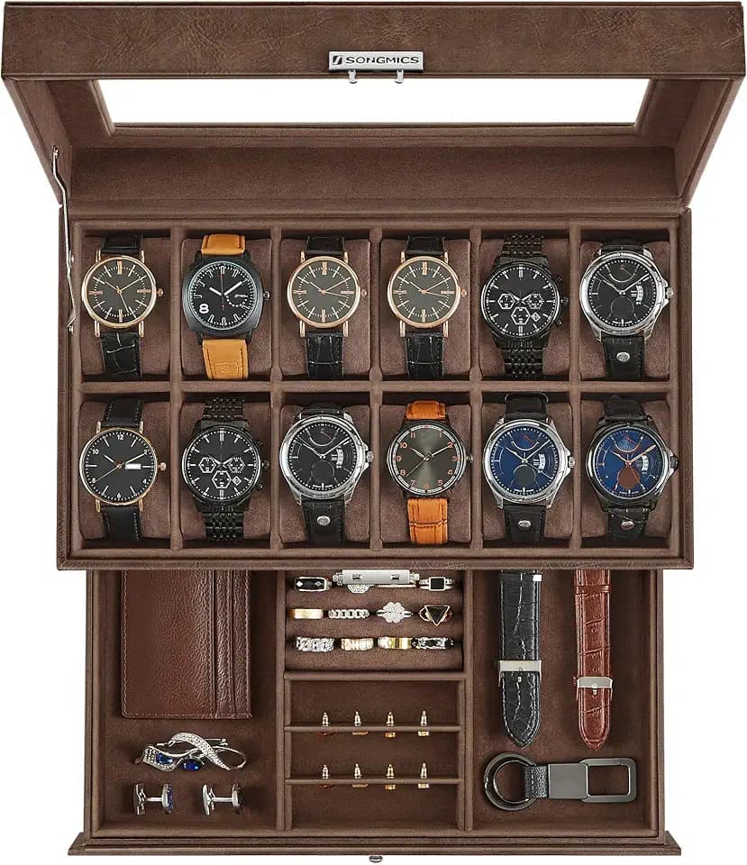 SONGMICS Uhrenbox mit Glasdeckel, 2 Ebenen, für 12 Uhren, Braun