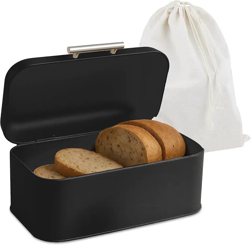 Relaxdays Brotkasten mit Brotbeuel, Brotbox mit Deckel & Griff, HBT 15,5x30x21 cm, Brotkiste Retro-Design, Metall, Farbe