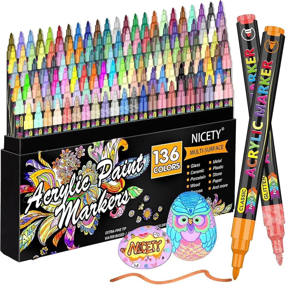 NICETY Acrylstifte für Steine Wasserfest - 136 Farben Multimarker Acrylmarker Glasmalstifte für Stein Stoff Holz Leinwand Glas Keramik - 0,7 mm Acrylic Paint Markers