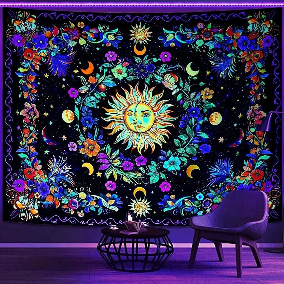 Lifeella Blacklight Sun and Moon Tapestry, Glow in The Dark UV Reactive Wall Decor, Aesthetic Bohemian Tapestries for Bedroom Living Room, Mystic Floral Art 60×80 inches