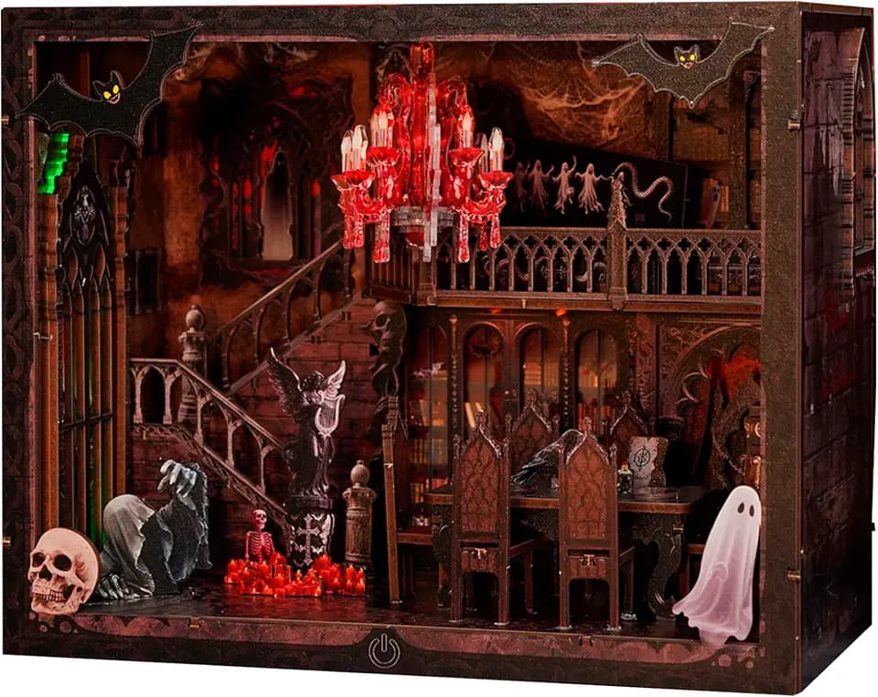 Haunted Manor DIY Miniature House Kit with LED Lights - Gothic Book Nook Decor, 3D Wooden Puzzle for Adults, Halloween Home Decoration (AAA Batteries Not Included)
