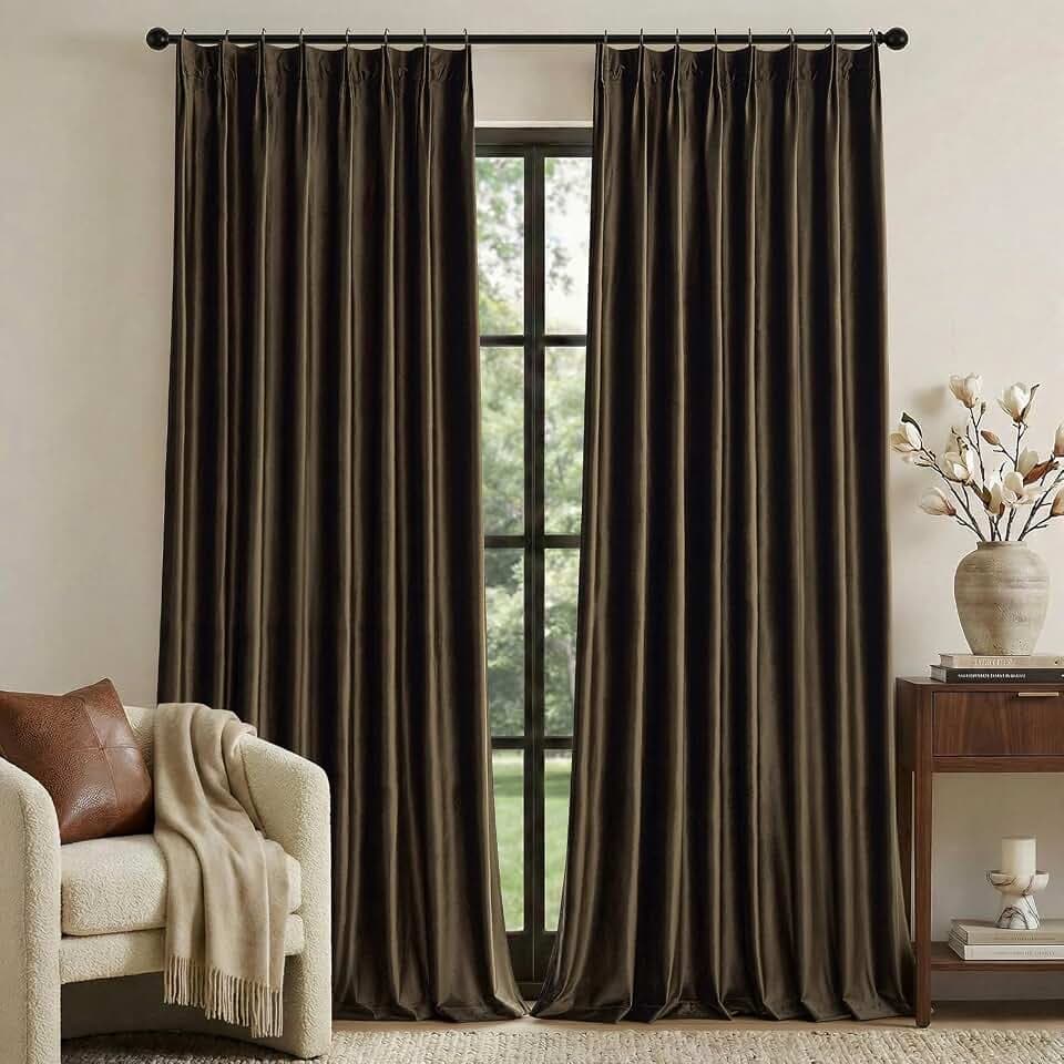 Brown Velvet Pinch Pleated Curtains: 84 Inches Long 2 Panels Set Luxury Living Room Darkening Thermal Insulated Drape with Hooks- Elegant Soundproof Noise Reducing Back Tab Window Curtain for Bedroom