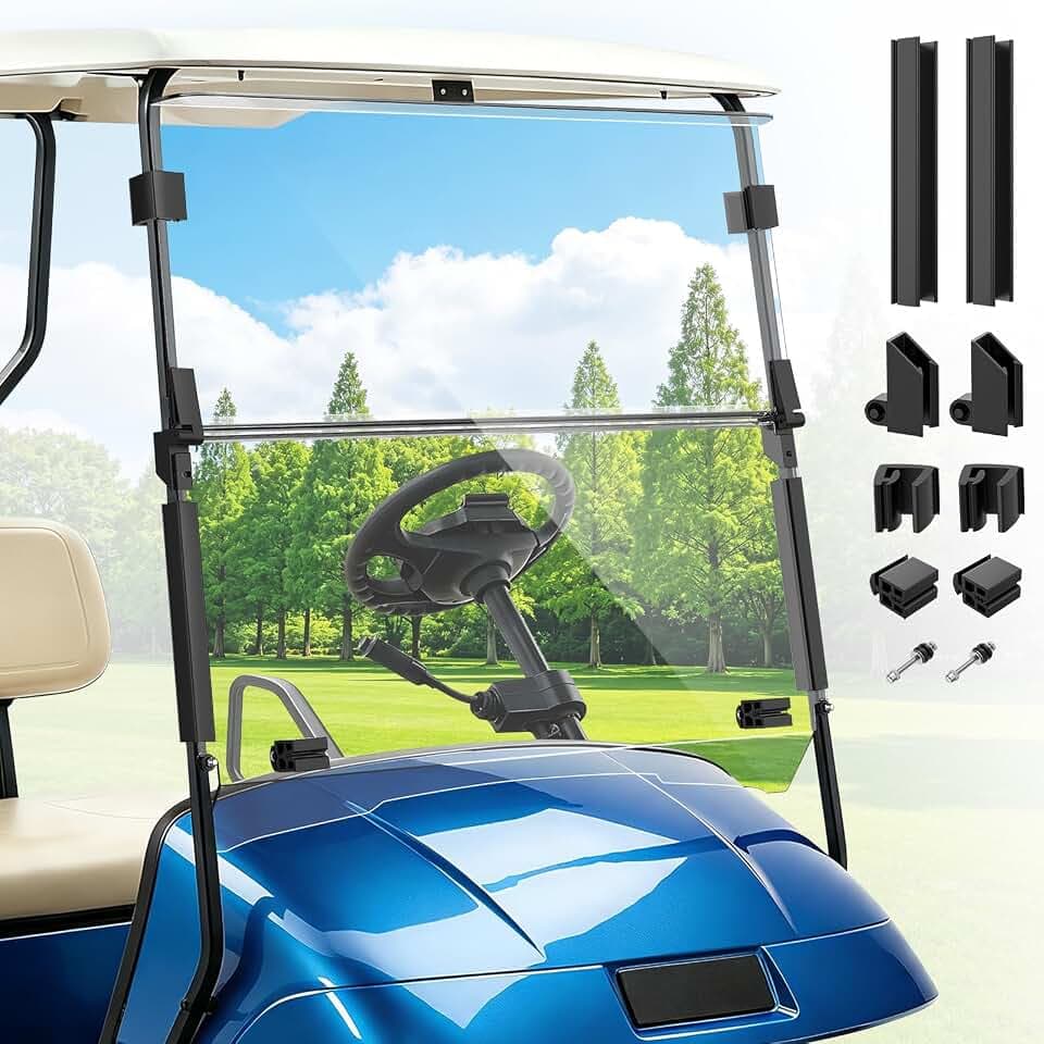 EZGO TXT Windshield, Tinted & Clear Windshield for Golf Cart Suitable for 1995-2013 EZGO TXT/DCS/PDS Golf Cart, PC UV Resistant, TXT Foldable Windshield Replacement with Windshield Clips