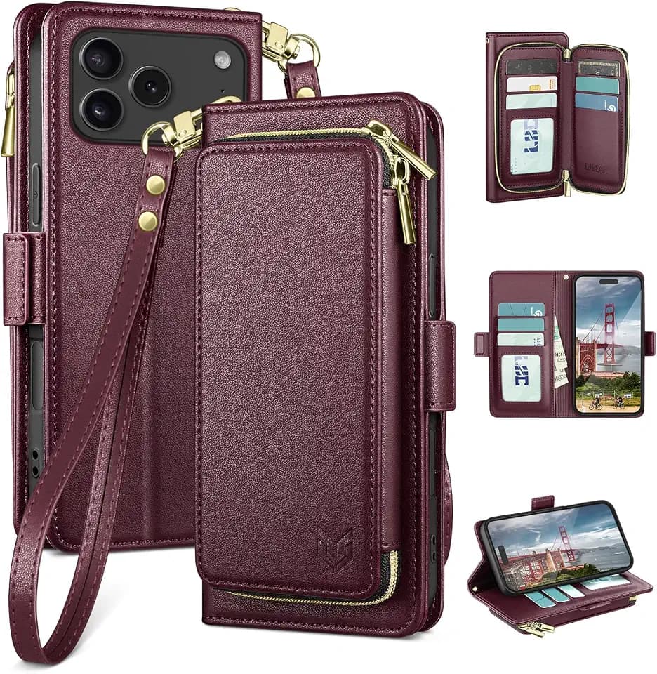 DJBEAR iPhone 17 Pro 6.3" Wallet Case Wine Red
