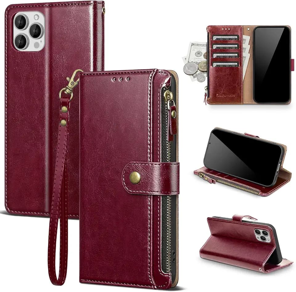 for iPhone 12/12 Pro Wallet Case with Card Holder,Wine Red