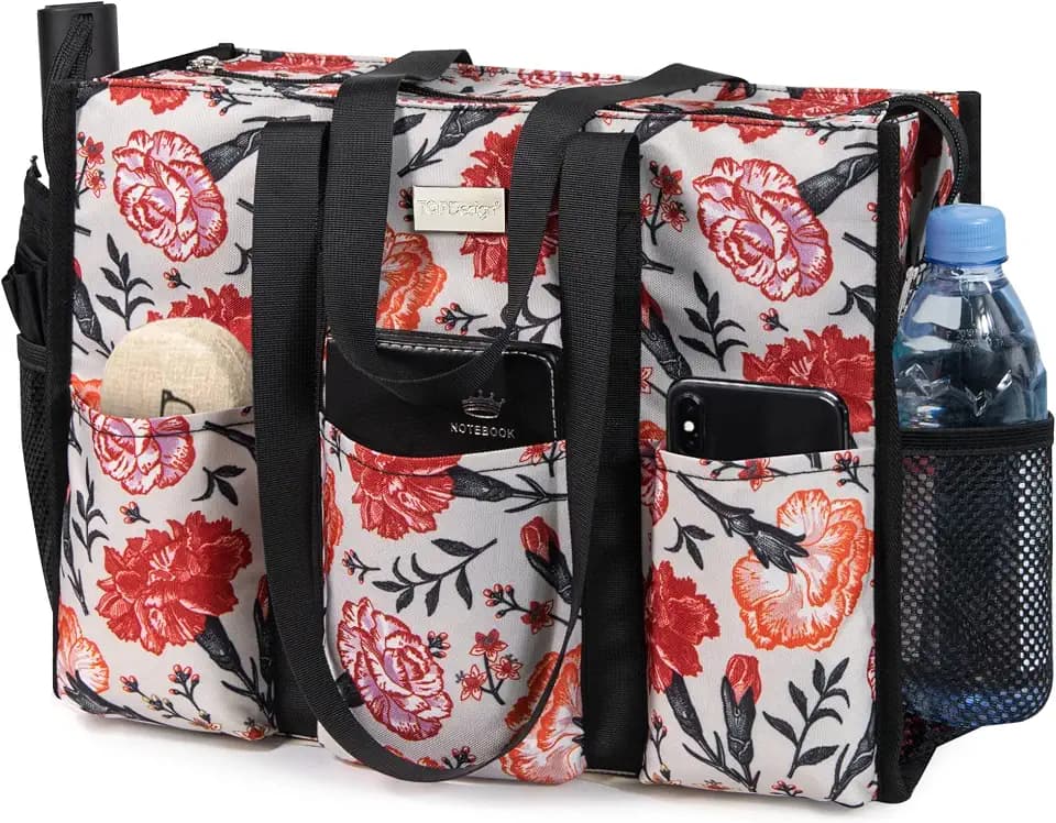 TOPDesign Utility Water Resistant Tote Bag with 13 Pockets, Zipper Closure