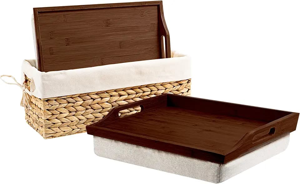 ROSSIE Home Wood Lap Tray – Java Bamboo, 2-Pack with Storage Basket