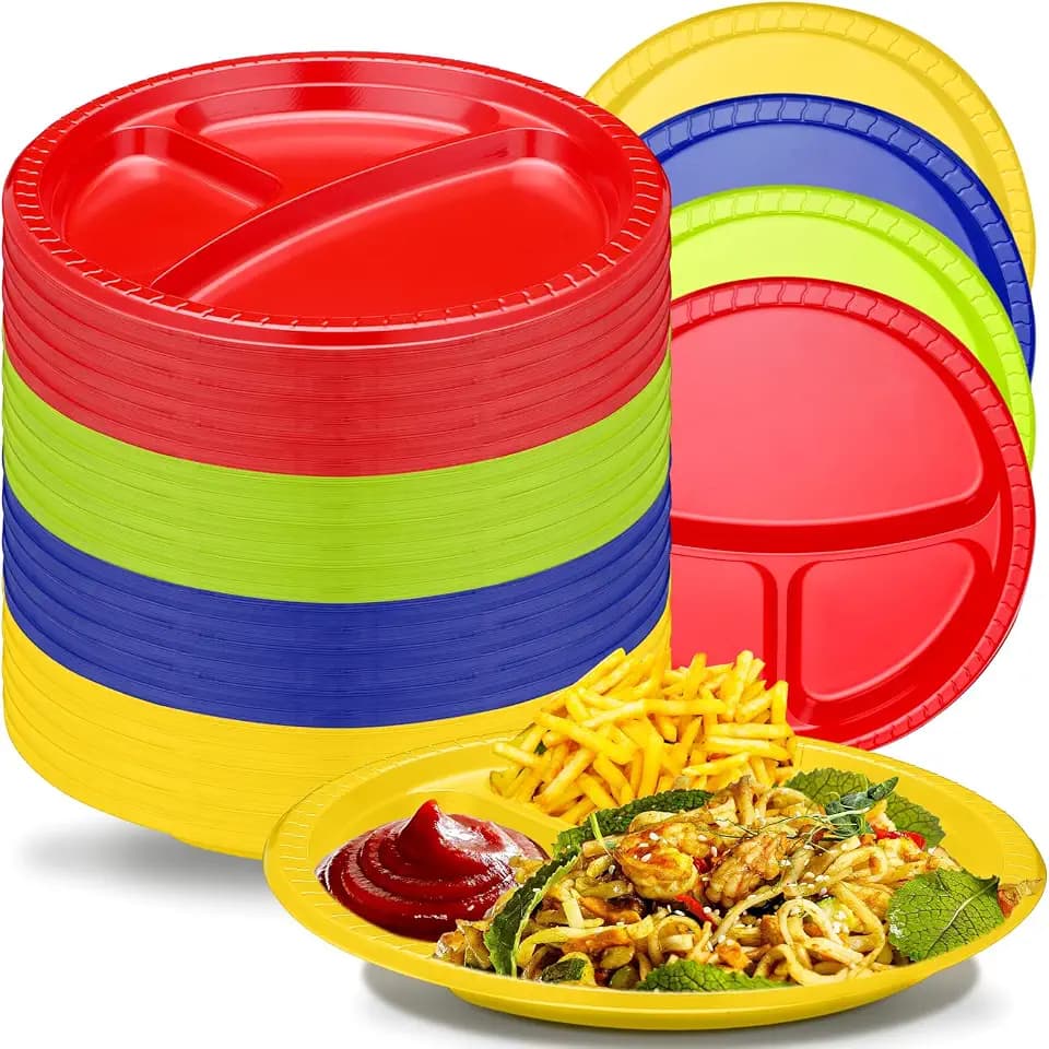 Umigy 100 Pcs 10 Inch 3 Compartments Divided Plastic Plates Bulk Colorful Disposable Heavy Duty Round Dinnerware for Party Valentine Wedding Birthday (Multicolor)