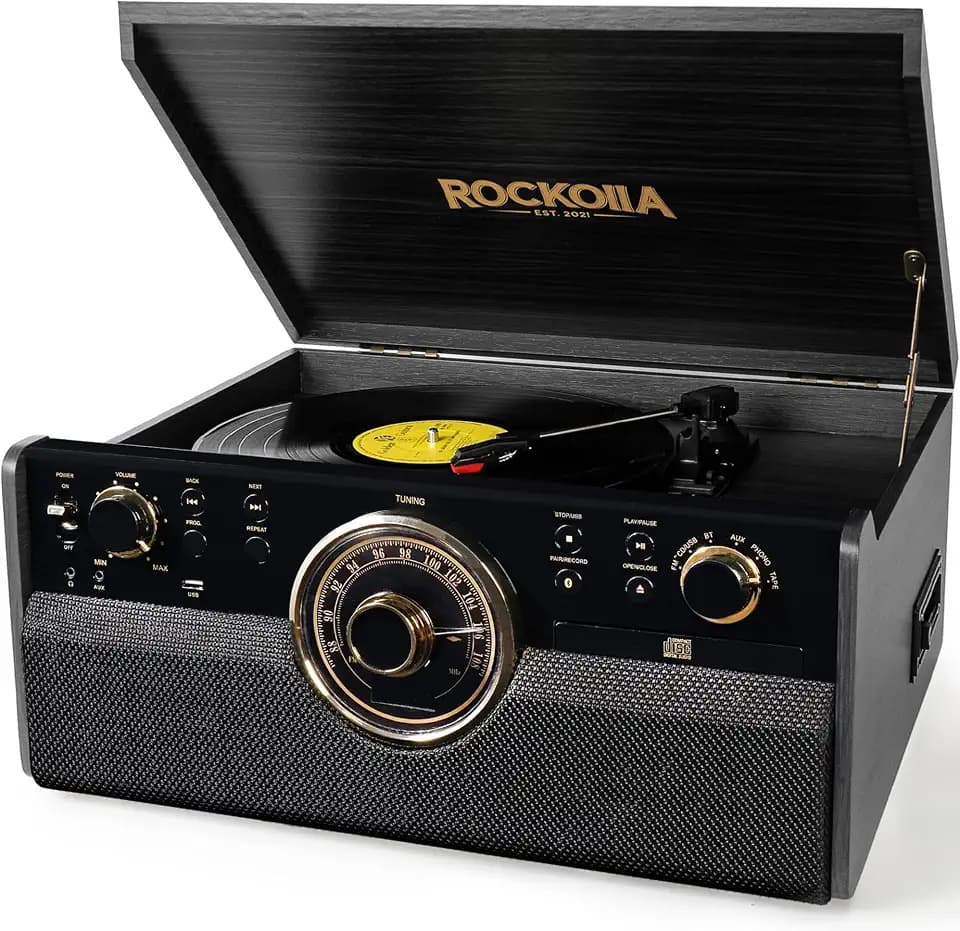 Vinyl Plattenspieler, Bluetooth-Vintage mit Eingebauten Lautsprechern - LP-Vinyl-Schallplatten-Wiedergabe, UKW-Radio, Kassetten, CD und MP3-USB - Retro (Vanguard Schwarz)