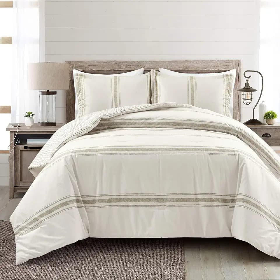 Lush Decor Farmhouse Stripe Reversible Cotton Comforter Set, 3 Piece Set, Full/ Queen, Neutral - Cozy Farmhouse Bedding Set - Rustic Decor - Striped Comforter - Modern Farmhouse Bedroom Decor