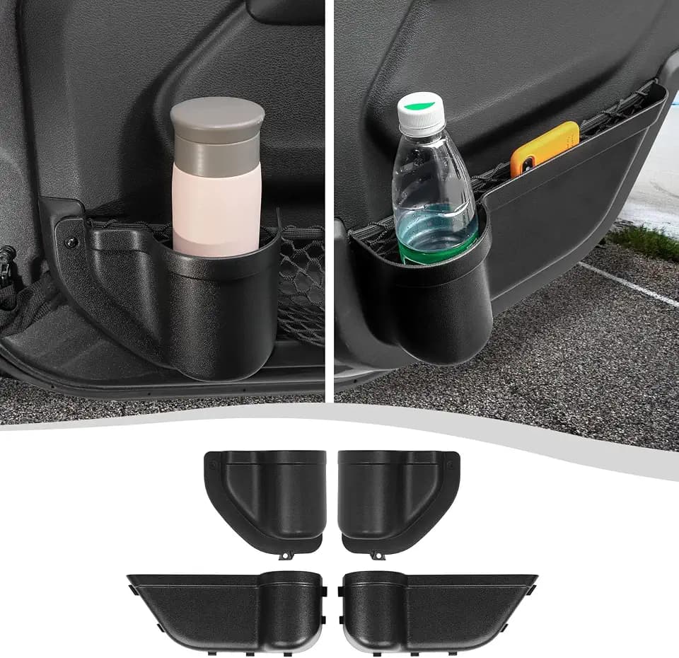 Front & Rear Door Side Insert Storage Box, Door Organizer Pockets Fit for 2018-2026 Jeep Wrangler JL JLU & Gladiator JT, 4Pcs Black Cup Holder Interior Storage Expansion Accessories