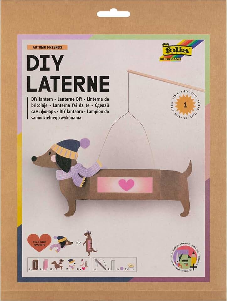 folia 94303 - DIY Laterne AUTUMN FRIENDS, ca. 8 x 45,5 x 8 cm - Laternen Bastelset gestaltbar als Dackel oder Erdmännchen, inkl. LED Licht, 2 Batterien und Klebepad