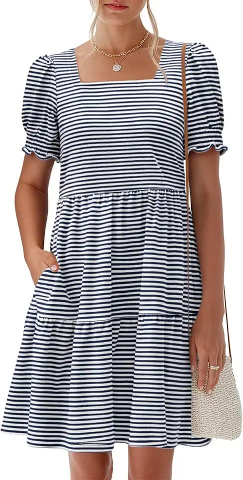ANRABESS Womens Summer Puff Short Sleeve Square Neck Work Mini Dresses