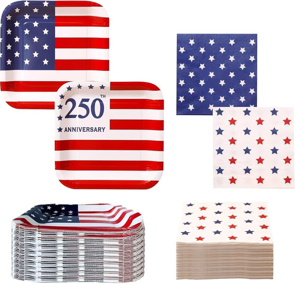 Winoo Design 100PCS 4th of July Plates and Napkins Sets Party Supplies - Serves 50 - Fourth of July Decorations Décor Patriotic Paper Plates American Flag Birthday Independence Day