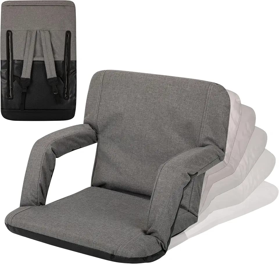 PICNIC TIME Ventura Stadium Seat for Bleachers with Back Support - Portable Reclining Folding Chair, 6 Positions, Padded Cushion Armrests, Lumbar Adjustable Backrest, Backpack Straps, (Heathered Gray)
