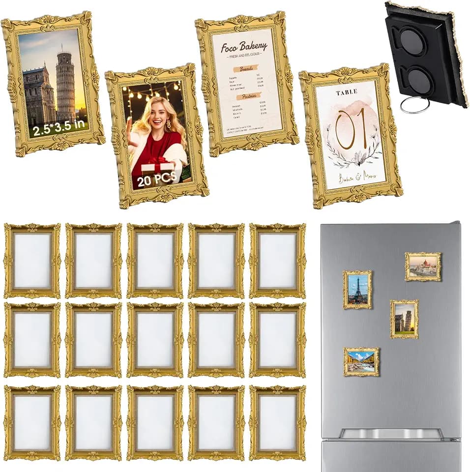 Wonderjune 20 Pcs Mini Gold Magnetic Picture Frames for 2.5"x3.5" Picture