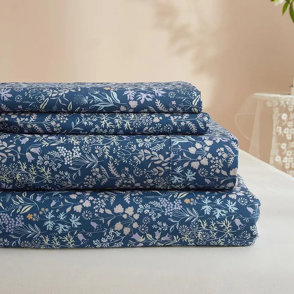 Twin XL Sheet Sets Blue Floral Sheets - 3 Piece Twin XL Sheets Cooling Bedding Deep Pockets 16",Twin XL Size Bed Sheets Vintage Fitted Sheets for Kids Bed,Boho Bedding Sheets & Pillowcases Set