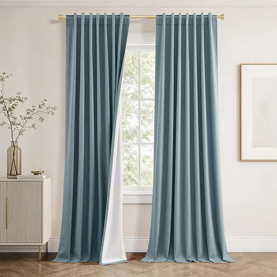 Jowels Blue Linen Blackout Curtains 84 Inches Long for Bedroom Windows