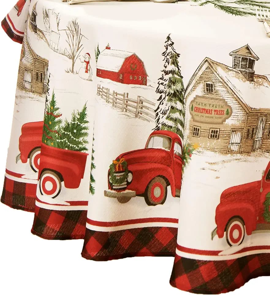 Vintage Christmas Tree Farm Holiday Oval Tablecloth, Multicolor - 60" W x 84" L Oval