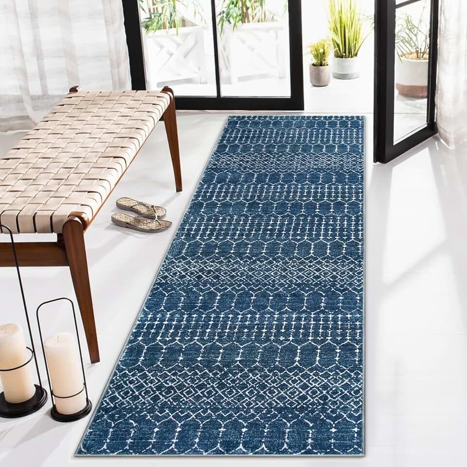 Lahome Moroccan 2x5 Washable Blue Runner Rug, Non-Slip Low-Pile Stain Resistant Kitchen Rugs, Geometric Soft Bathroom Runner Carpet for Entrance Bedroom Laundry Hana, Blue