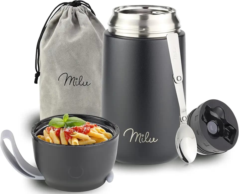 Milu® Thermobehälter für Essen 800ml, Edelstahl Warmhaltebehälter mit Löffel, Thermobecher Essen, Thermo Lunchbox für Kinder, Erwachsene, Thermobox Suppen, Babybrei, Speisebehälter Schwarz, 800ml