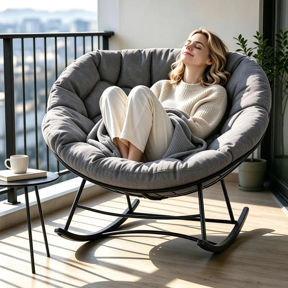 NEWBULIG Papasan Rocking Chair, Egg Chair Outdoor with 5.5" Thick Cushion