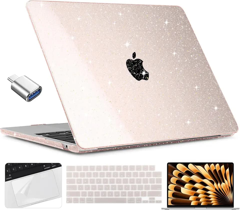 TWOLSKOO Glitter Case for MacBook Air 15 inch M5 M4 M3 M2 (2026-2023) A3448 A3241 A3114 A2941, Sparkly Bling Shell & Screen Protector & Keyboard Cover & Trackpad Film & Type C Adapter, Starlight