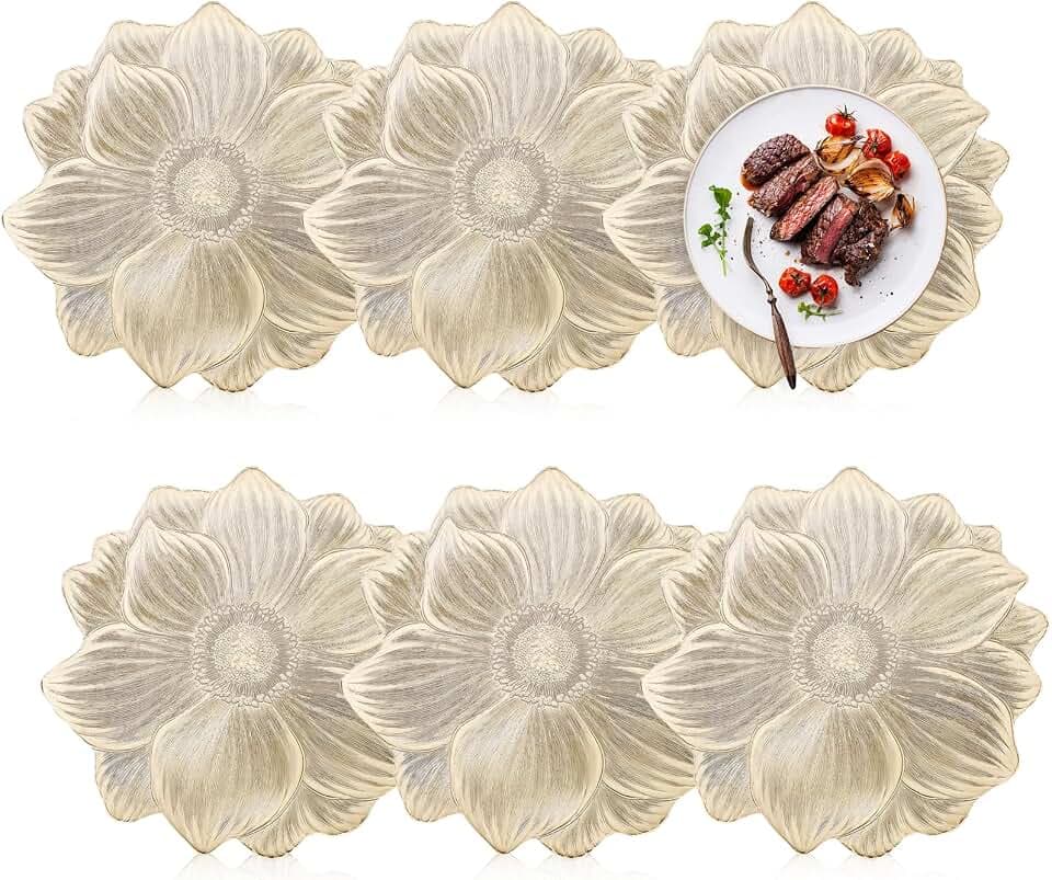 Goldene Platzteller Set, 6 PCS Tischsets Platzsets Abwaschbar Rund Pressed Flower-Design Platzset Rund Gold Florale PVC Platzteller Hitzebeständige für Essen Home Deko