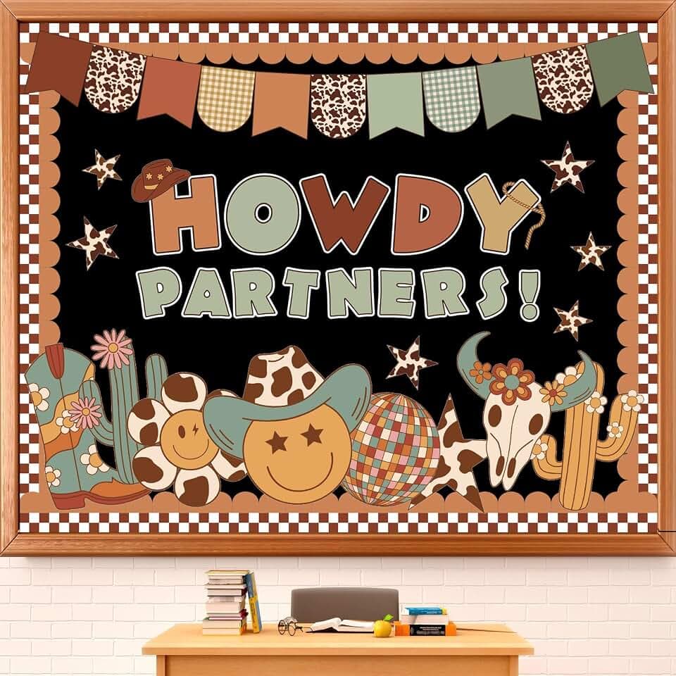 AnyDesign 76 Pcs Western Cowboy Bulletin Board Decoration Retro Groovy Brown Wild West Howdy Partners Paper Cutouts with 150 Pcs Glue Points for Holiday Party Classroom Wall Decor