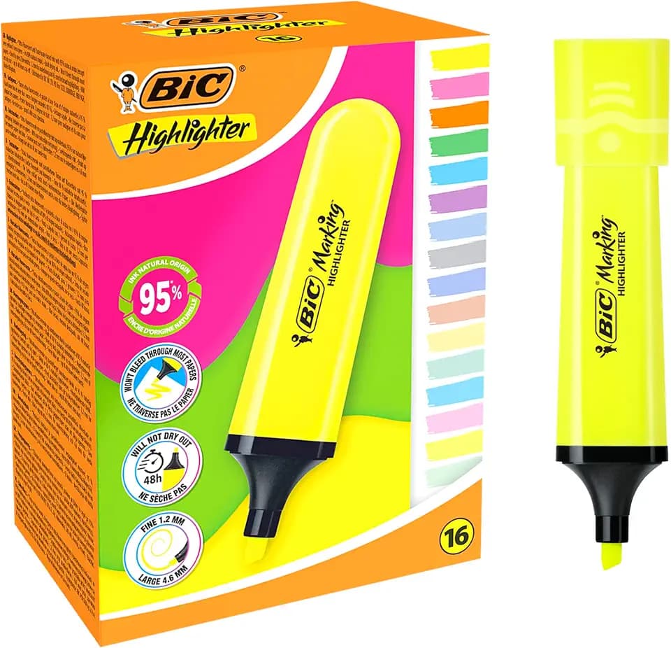 BIC Marking Flat Highlighter Pastell- und Neon-Stifte mit Keilspitze – 16 Farben, Box à 16