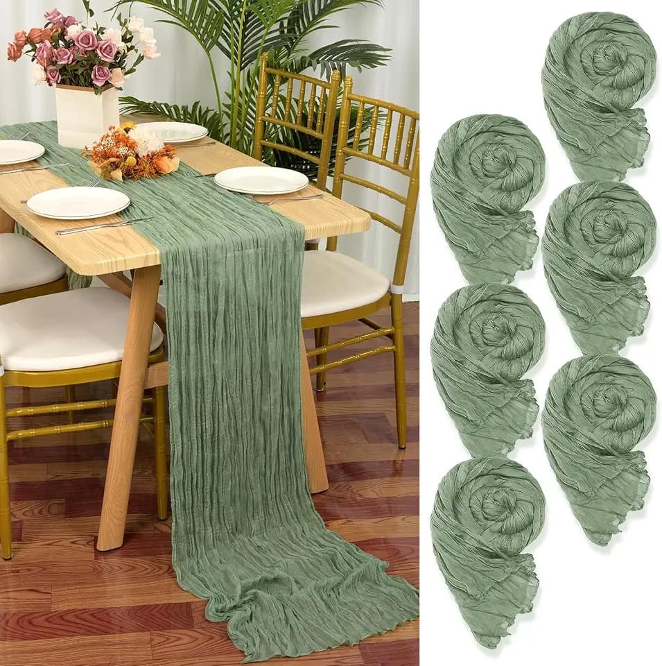 6 Stück Seihtuch Tischläufer Salbeigrün, 55 x 300 cm Grün Rustikaler Gaze Stoff Boho Käsetuch Cheesecloth für Hochzeitsfeier Brautparty Tischdekoration