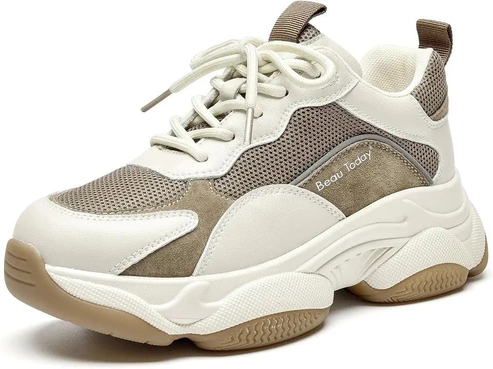 BEAU TODAY Chunky Sneakers for Women, Womens Fashion Sneakers, Lace Up Platform Comfortable Leather Casual Dad Shoes